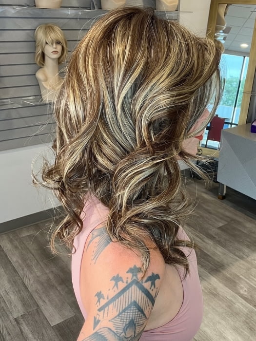 Madeline wearing ELLE by BELLETRESS in CAPPUCINO LATTE R | A Deep brunette with light brown highlights and lowlights