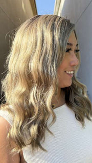 Katrina and Arlah Soriano @wearthehairsis wearing MAYA by ENVY in GOLDEN SANDSTONE | Creamy Beige-Blonde with Darker Brown Roots