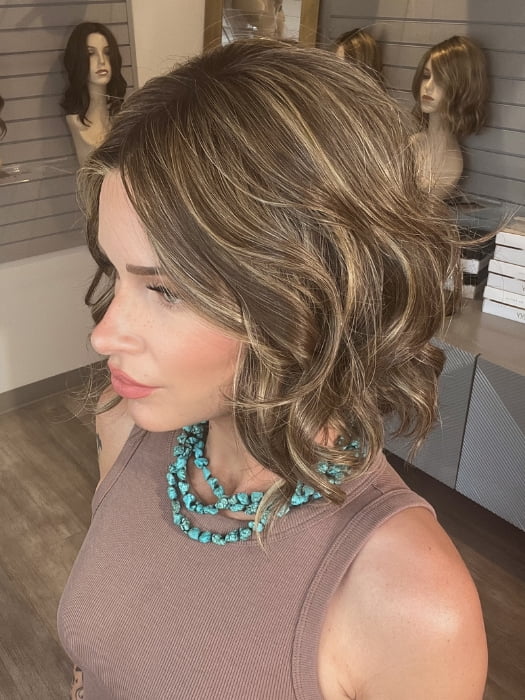 Madeline wearing SPADE by BELLETRESS in TOASTED WALNUT R | Medium Brown Rooted, Ash Brown, Medium Gold Blonde, and Light Brown Blended to perfection