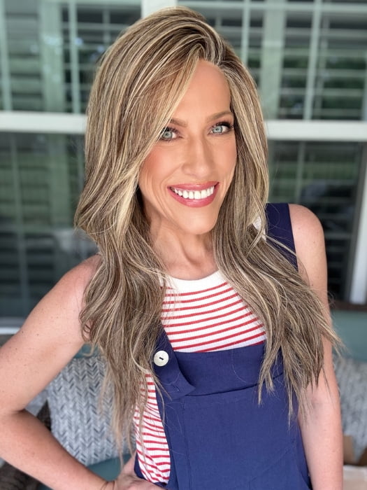 Kristyna wearing RUNWAY REHEARSAL by RAQUEL WELCH in RL11/25SS SHADED HONEY PECAN | Chestnut Brown base blends into multi-dimensional tones of Brown and Golden Blonde
