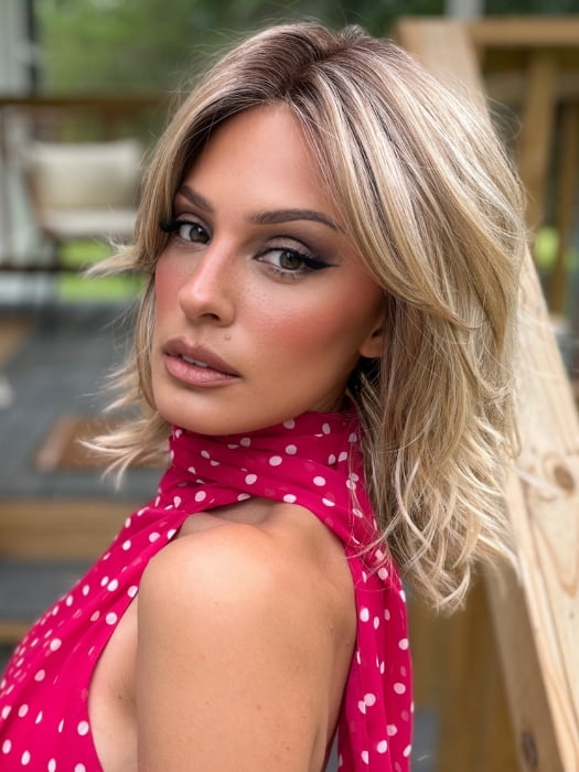 Roxie wearing MODENA by BELLETRESS in RAW SUGAR BLONDE | A Neutral Light Blonde, Honey Blonde, Pale Gold Blonde, with a base of Light Brown Lowlights featuring a Medium Root Color