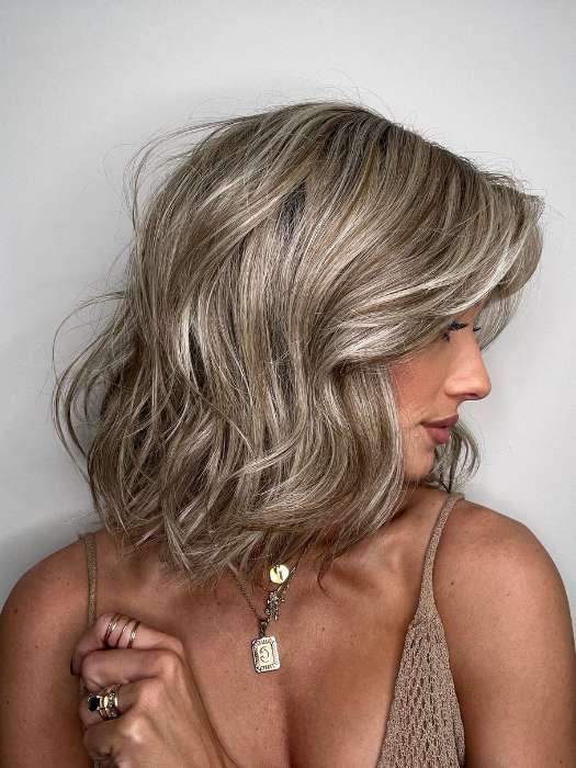Jenna Fail @jenna_fail wearing PEERLESS 14 by BELLETRESS in color ROOTBEER FLOAT BLONDE | A Blend of Light Pearl Blonde, Ash Blonde, Beige Blonde, Champagne Blonde, and Platinum Blonde with a Light and Medium Brown Root