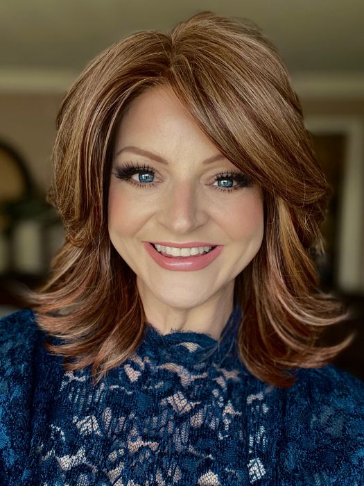 Sandy @i_be_wiggin wearing FLIP THE SCRIPT by RAQUEL WELCH WIGS in color RL31/29 FIERY COPPER | Medium Light Auburn Evenly Blended with Ginger Blonde