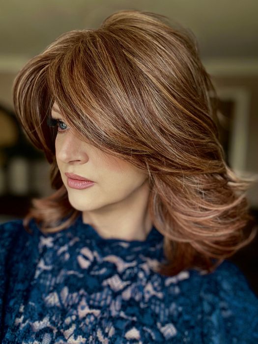 Sandy @i_be_wiggin wearing FLIP THE SCRIPT by RAQUEL WELCH WIGS in color RL31/29 FIERY COPPER | Medium Light Auburn Evenly Blended with Ginger Blonde