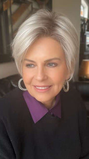 Donna @style.me.ageless wearing SATIN by ELLEN WILLE in color SILVER-BLONDE-ROOTED | Medium Honey Blonde, Light Ash Blonde, and Lightest Reddish Brown blend with Dark Roots