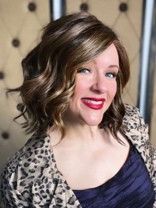 Marcie @wig.obsessed wearing SIMMER by RAQUEL WELCH in color RL8/29SS SHADED HAZELNUT | Warm Medium Brown Evenly Blended with Ginger Blonde with Dark Roots