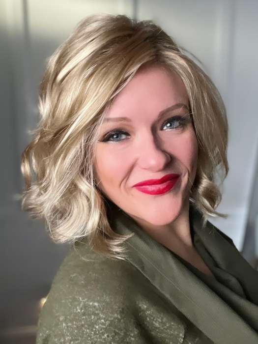 Marcie Mertz @wig.obsessed wearing SOFT AND SUBTLE by GABOR in color GL16-27SS SS BUTTERED BISCUIT | Caramel brown base blends into multi-dimensional tones of light brown and wheaty blonde.