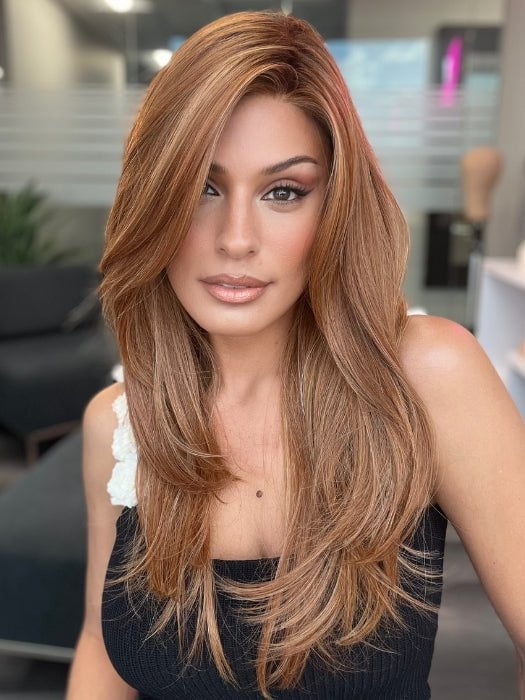 Roxie is wearing STELLA by BelleTress in color PUMPKIN PIE SPICE | A combination of Strawberry, Medium and Light Copper Red, Highlighted with Light Blond and Rooted with Medium Brown