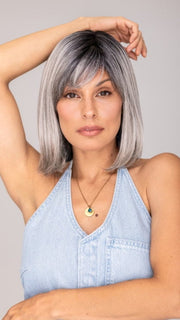 ROXIE wearing CARLEY by ENVY in STERLING SHADOW | Medium Salt-and-Pepper Grey with Darker Brown Roots