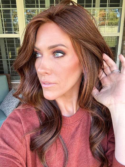 Kristyna @kristynamoore wearing STATEMENT STYLE by RAQUEL WELCH in color RL32/31 CINNABAR | Medium Dark Auburn Evenly Blended with Medium Light Auburn