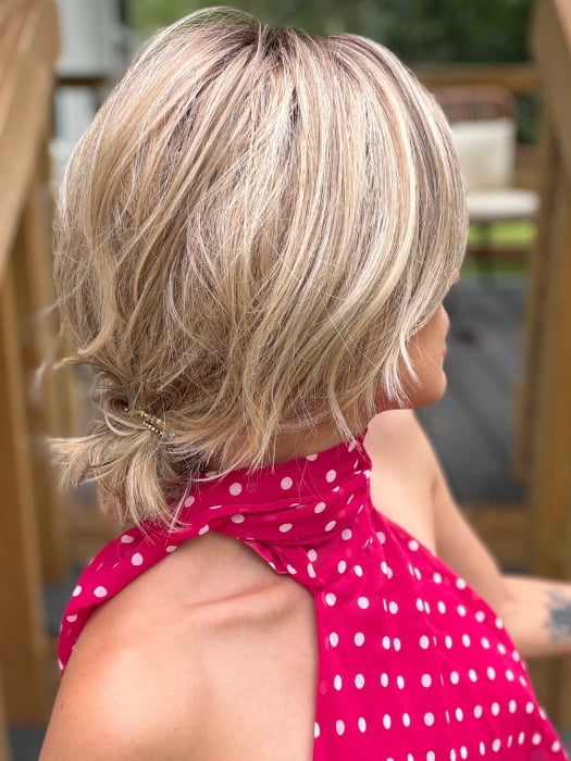 Roxie wearing MODENA by BELLETRESS in RAW SUGAR BLONDE | A Neutral Light Blonde, Honey Blonde, Pale Gold Blonde, with a base of Light Brown Lowlights featuring a Medium Root Color