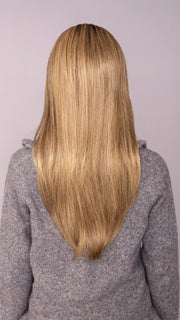 AVA wearing ZARA by JON RENAU in 24BT18S8 SHADED MOCHA | Medium Natural Ash Blonde & Light Natural Gold Blonde Blend, Shaded with Medium Brown