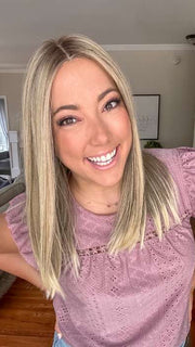 Jen @being_mrs_brown wearing SLEEK by ELLEN WILLE in color SANDY BLONDE ROOTED 16.22.20 | Medium Blonde, Light Neutral Blonde, and Light Strawberry Blonde Blend with Shaded Roots