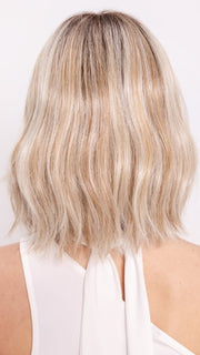 Ava wearing HOLLIE PETITE by JON RENAU in 101/88/27S8 CATALINA BLONDE | Pale blonde with Pure White Natural Violet halo highlights, shaded medium brown