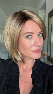 Jenny B. @thewiggygirl wearing KYLA by JON RENAU in color 12FS8 SHADED PRALINE | Light Gold Brown, Light Natural Gold Blonde & Pale Natural Gold-Blonde Blend, Shaded with Medium Brown