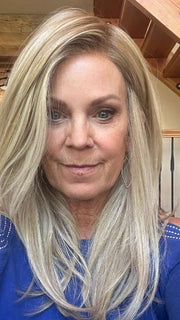 Susan @an_affair_with_hair wearing MUSIC by ELLEN WILLE in color SANDY BLONDE ROOTED 16.22.1001 | Medium Blonde and Light Neutral Blonde with Winter White Blend and Shaded Roots