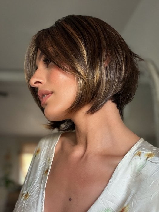 Roxie wearing MAGGIE by RENE OF PARIS in MARBLE BROWN R| Medium Brown Evenly Blended with Light Honey Brown