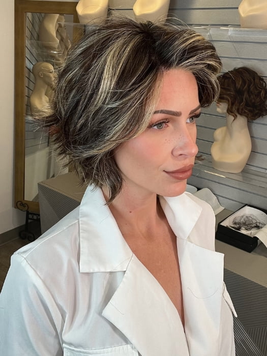 Madeline wearing MARNI by BELLETRESS in CHOCOLATE BUTTERCREAM R | Medium and Dark Brown Rooted with a Blend of Medium Brown and Dark Blonde
