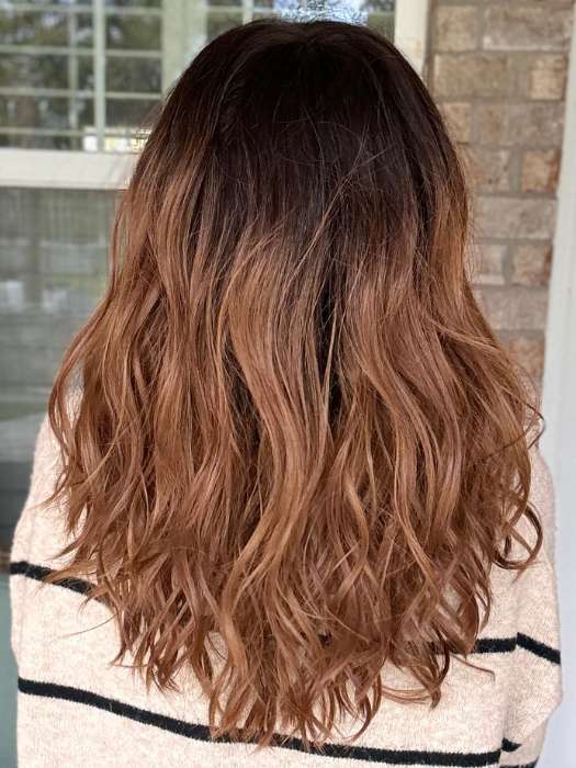 Kristyna Moore @kristynamoore wearing BALAYAGE BEAUTY by RAQUEL WELCH IN RL2/31OM OMBRE CINNAMON  | Black blend from the roots to midlength that transition into a medium light auburn ombré from midlength to the ends
