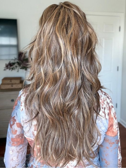Sandy wearing GAIA by BELLETRESS in JAMOCA-ALMOND-FUDGE-R | Deep mocha brown blended with subtle golden almond undertones and fudge-like highlights to create a rich brunette hue