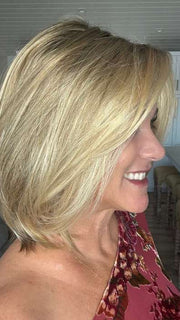Susan Cooke @wigs_with_wisdom wearing CAMERON by JON RENAU in 12FS8 SHADED PRALINE | Light Gold Brown, Light Natural Gold Blonde & Pale Natural Gold-Blonde Blend, Shaded with Medium Brown