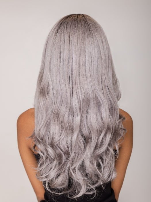 Model is wearing LENNOX by RENE OF PARIS in SMOKY-GRAY-R | Medium gray with silver highlights and blue undertones with dark roots