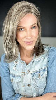Kristyna @kristynamoore wearing CAMERON LITE PETITE by JON RENAU in color 39F38 ROASTED CHESTNUT | Light Natural Ash Brown with 75% Grey Front, graduating to Medium Brown with 35% Grey Nape