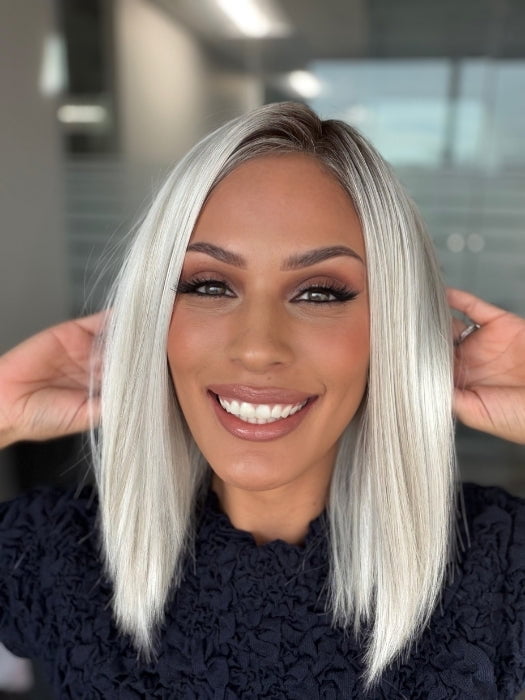 Roxie Wearing SUTTON by ESTETICA in SILVERSUN/RT8 | ICED BLONDE WITH SOFT SAND & GOLDEN BROWN ROOTS