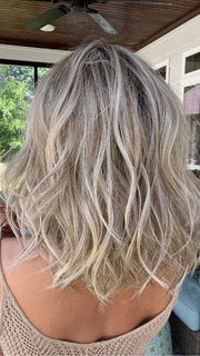 Jenna Fail @jenna_fail wearing PEERLESS 14 by BELLETRESS in color ROOTBEER FLOAT BLONDE | A Blend of Light Pearl Blonde, Ash Blonde, Beige Blonde, Champagne Blonde, and Platinum Blonde with a Light and Medium Brown Root