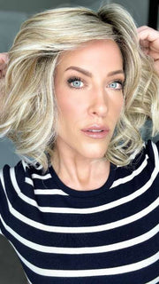 Kristyna Moore @kristynamoore wearing DIRECTOR'S PICK by RAQUEL WELCH WIGS in color RL19/23SS SHADED BISCUIT | Light Ash Blonde Evenly Blended with Cool Platinum Blonde with Dark Roots (window lighting)