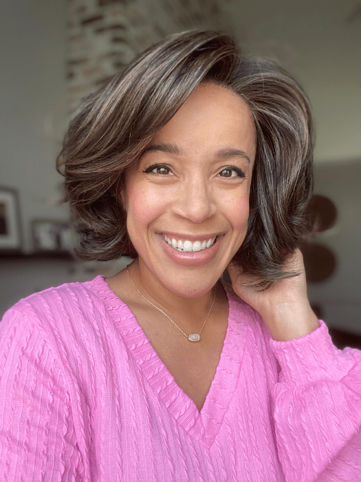 Brea @getwiggywithbrea wearing CROWD PLEASER by RAQUEL WELCH WIGS in color RL4/10SS ICED JAVA | Off Black shaded with Dark Brown
