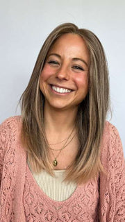 Kristin wearing SLEEK by ELLEN WILLE in color POWDER BLONDE TIPPED | Light Brown and Lightest Ash Blonde with Red Violet Blended with Pale Pink and Lighter Tipped Ends
