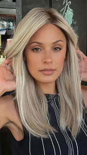 Roxie @thelovelyroxx wearing SLEEK by ELLEN WILLE in color PEARL BLONDE ROOTED 101.20.25 | Pearl Platinum Blended with Light Strawberry Blonde and Lightest Golden Blonde with Shaded Roots