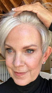 Sparky @an_affair_with_hair wearing JUMP by ELLEN WILLE in color SNOW MIX 60.56.58 | Pearl White, Lightest Blonde, and Black/Dark Brown with Grey Blend