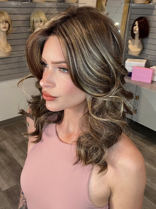 Madeline wearing ELLE by BELLETRESS in CAPPUCINO LATTE R | A Deep brunette with light brown highlights and lowlights