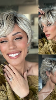 ROXIE wearing EDGE FACTOR by GABOR in GF19-23SS BISCUIT | Light Ash Blonde Evenly Blended with Cool Platinum Blonde with Dark Roots