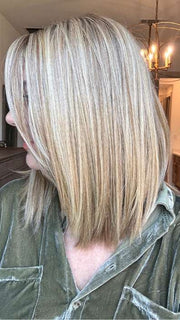 Jenny B. @thewiggygirl wearing CALABASAS by BELLETRESS in color CARAMEL BLONDE R | Light Brown Rooted, with a blend of Light Gold Blonde, hint of Strawbery Blonde and Light Auburn with the balance of Cool, Light Blonde Highlights.