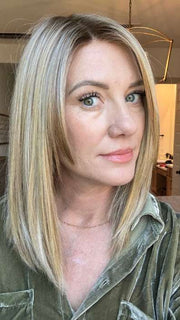Jenny B. @thewiggygirl wearing CALABASAS by BELLETRESS in color CARAMEL BLONDE R | Light Brown Rooted, with a blend of Light Gold Blonde, hint of Strawbery Blonde and Light Auburn with the balance of Cool, Light Blonde Highlights.