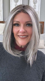 Marcie @wig.obsessed wearing UNDERCUT BOB by TRESSALLURE in color 56/60/R8 | Lightest Grey Blend Rooted Medium Brown