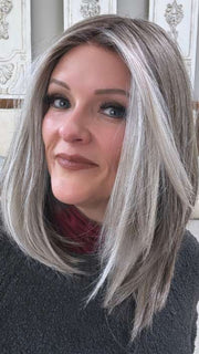 Marcie @wig.obsessed wearing UNDERCUT BOB by TRESSALLURE in color 56/60/R8 | Lightest Grey Blend Rooted Medium Brown