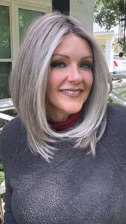 Marcie @wig.obsessed wearing UNDERCUT BOB by TRESSALLURE in color 56/60/R8 | Lightest Grey Blend Rooted Medium Brown