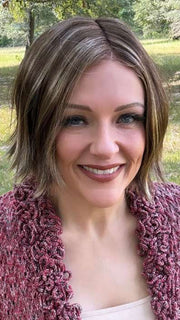 Marcie @wig.obsessed wearing KENNEDY by ESTETICA in color CARMKISSM | Golden Brown with Light Copper Blonde Highlights

