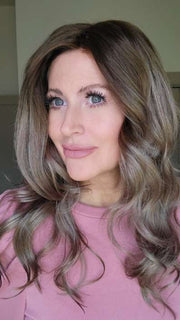 Natalie @vanish.into.thin.hair wearing AVALON by RENE OF PARIS in color MILK-TEA-LR | Creamy Beige with Longer Dark Root