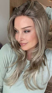 Heather @cjswigs wearing BLAZE by TRESSALLURE in color CHIFFON-CANDY | Dark Gold Blonde with shadowed roots and Gold Blonde highlights