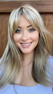 Steph @wigswithsteph wearing CAMILLA by JON RENAU in color 12FS8 SHADED PRALINE | Light Gold Brown, Light Natural Gold Blonde & Pale Natural Gold-Blonde Blend, Shaded with Medium Brown