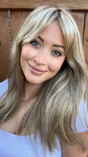 Steph @wigswithsteph wearing CAMILLA by JON RENAU in color 12FS8 SHADED PRALINE | Light Gold Brown, Light Natural Gold Blonde & Pale Natural Gold-Blonde Blend, Shaded with Medium Brown
