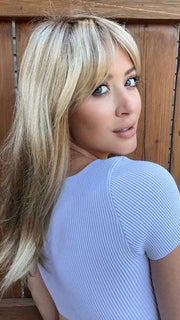 Steph @wigswithsteph wearing CAMILLA by JON RENAU in color 12FS8 SHADED PRALINE | Light Gold Brown, Light Natural Gold Blonde & Pale Natural Gold-Blonde Blend, Shaded with Medium Brown