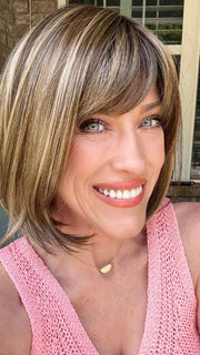 Kristyna @kristynamoore wearing CARLEY by ENVY BY ALAN EATON in color HONEY BREEZE | A blend of Cool, Honey Blonde and Multi-Dimensional Medium Brown with Darker Brown Roots | outdoor lighting