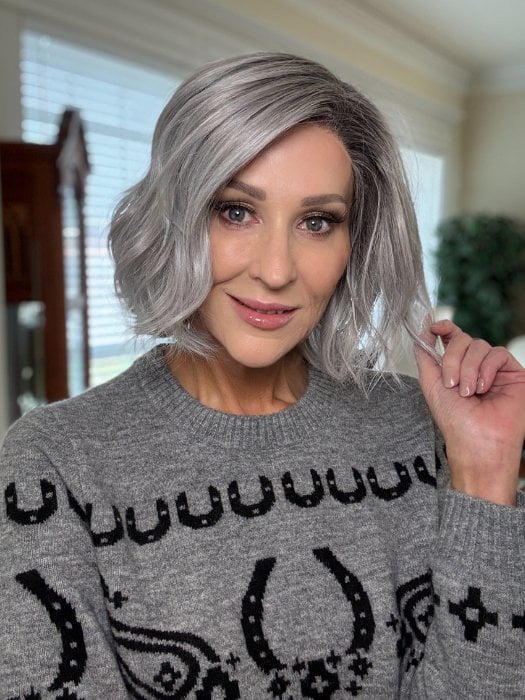 Eileen wearing ESPRIT SMALL SOFT by ELLEN WILLE in METALLIC GREY ROOTED 60.51 Pearl White, Darkest/Lightest Brown with Grey Blend with Shaded Roots