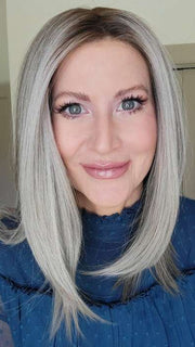 Natalie Gray @vanish.into.thin.hair wearing UNDERCUT BOB by TRESSALLURE in color 52/38/49/R8 | 3 Tones of Grey blended with Dark Brown Roots
